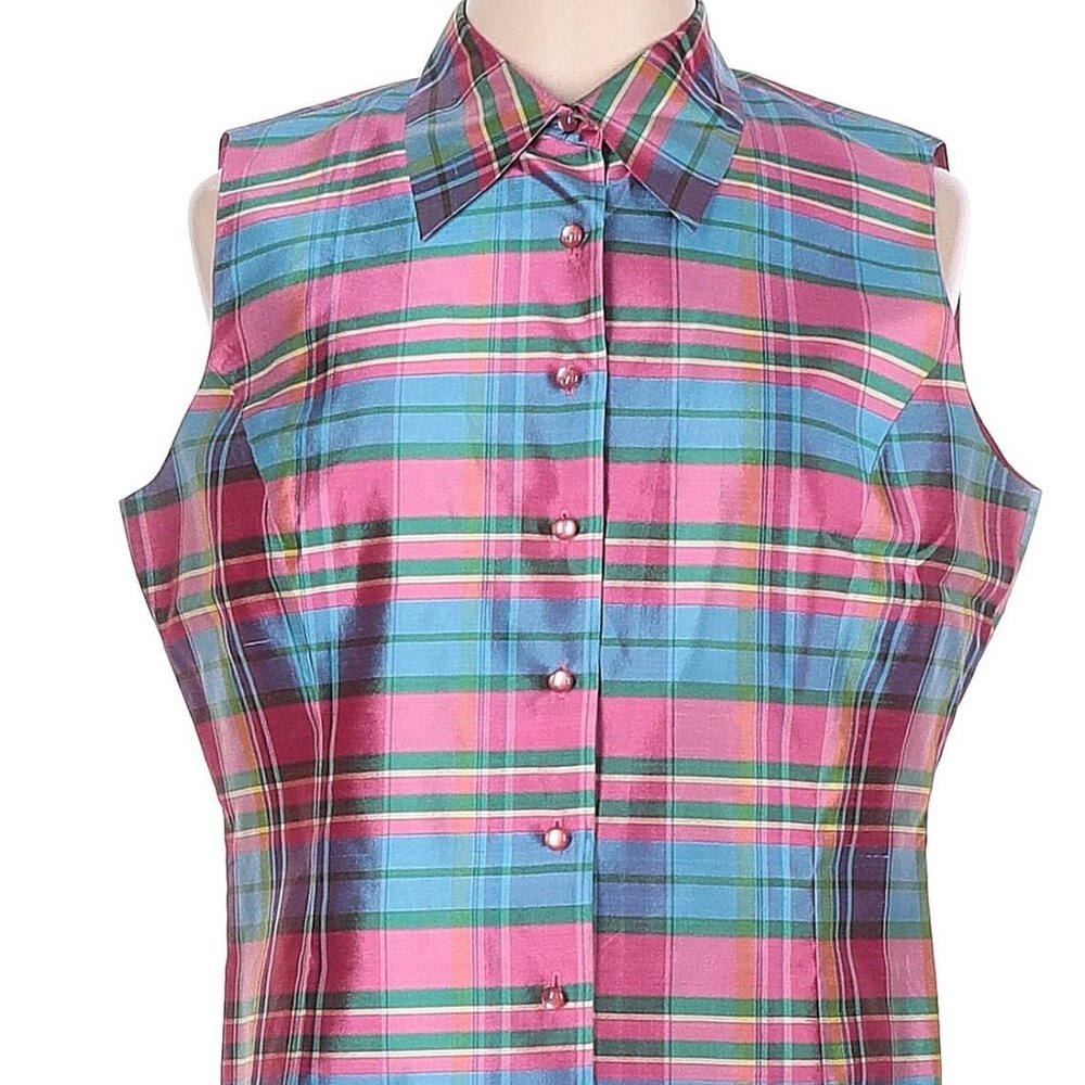 Designer Silk land Multi Color Blue Pink Striped 100% Silk Sleeveless Blouse 12 - Picture 8 of 9